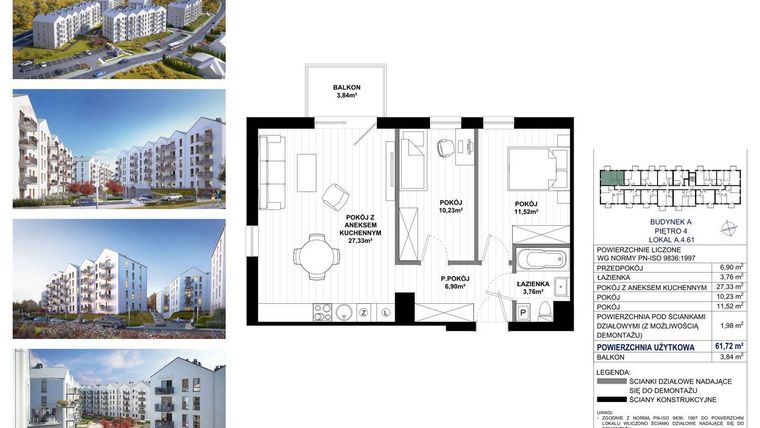 Rzut - Mieszkanie na sprzedaż 3 pokoje o powierzchni 61,72 m² - numer A.4.61 w Skandinavia