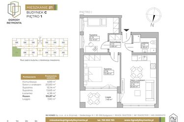 Rzut - Mieszkanie na sprzedaż 3 pokoje o powierzchni 55,87 m² - numer M21 w Ogrody Reymonta