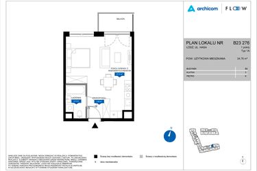 Rzut - Mieszkanie na sprzedaż 1 pokój o powierzchni 34,76 m² - numer B23 276 w Flow - bud. B2 A i bud. B2 B