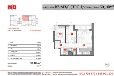 Rzut - Mieszkanie na sprzedaż 3 pokoje o powierzchni 60,1 m² - numer B2-M3 w Tabelowa NOVA