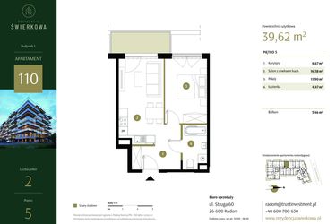 Rzut - Mieszkanie na sprzedaż 2 pokoje o powierzchni 39,62 m² - numer 110 w Rezydencja Świerkowa