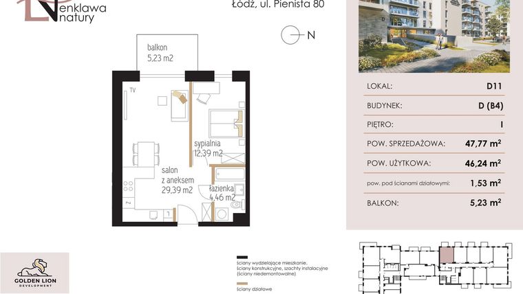 Rzut - Mieszkanie na sprzedaż 2 pokoje o powierzchni 45,51 m² - numer D11 w Enklawa Natury