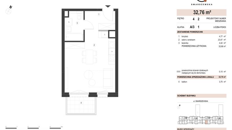 Rzut - Mieszkanie na sprzedaż 1 pokój o powierzchni 32,76 m² - numer A/3/4.2 w Smardzewska 8