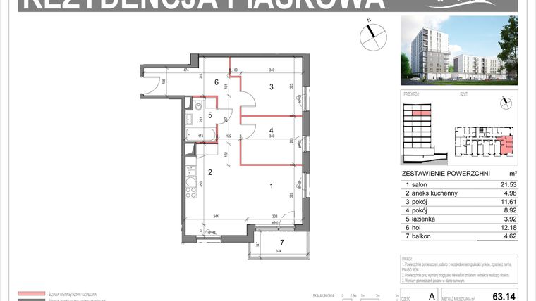 Rzut - Mieszkanie na sprzedaż 3 pokoje o powierzchni 63,14 m² - numer A44 w Rezydencja Piaskowa