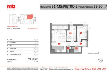 Rzut - Mieszkanie na sprzedaż 3 pokoje o powierzchni 59,6 m² - numer B1-M5 w Tabelowa NOVA