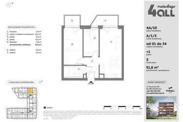 Rzut - Mieszkanie na sprzedaż 3 pokoje o powierzchni 51,76 m² - numer A/1/3 w Osiedle Mateckiego 4ALL