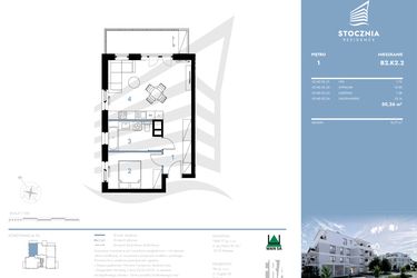 Rzut - Mieszkanie na sprzedaż 2 pokoje o powierzchni 50,26 m² - numer B2.K2.2 w Stocznia Residence