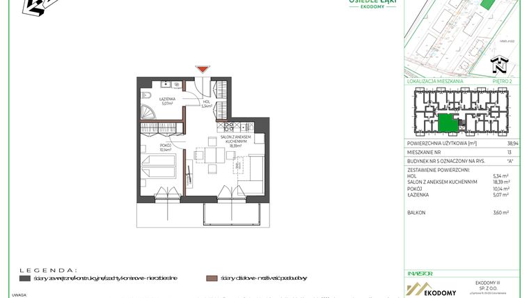 Rzut - Mieszkanie na sprzedaż 2 pokoje o powierzchni 38,93 m² - numer 13 w Osiedle Polna bud. 5