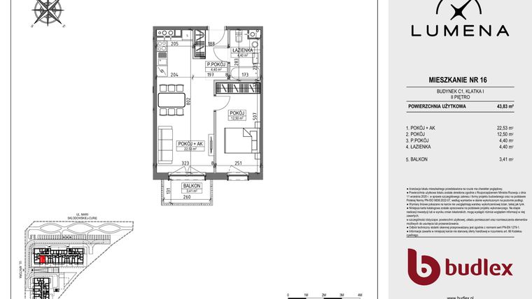 Rzut - Mieszkanie na sprzedaż 2 pokoje o powierzchni 43,83 m² - numer C1.16 w Lumena