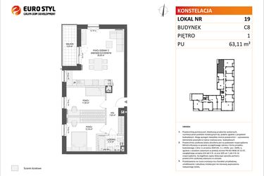 Rzut - Mieszkanie na sprzedaż 3 pokoje o powierzchni 63,11 m² - numer C8.19 w Konstelacja etap IV