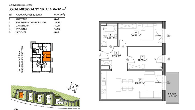 Rzut - Mieszkanie na sprzedaż 2 pokoje o powierzchni 64,7 m² - numer A.14 w Och!Widzew