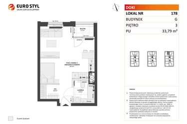 Rzut - Mieszkanie na sprzedaż 1 pokój o powierzchni 33,79 m² - numer G.178 w DOKI etap II (bud. G)
