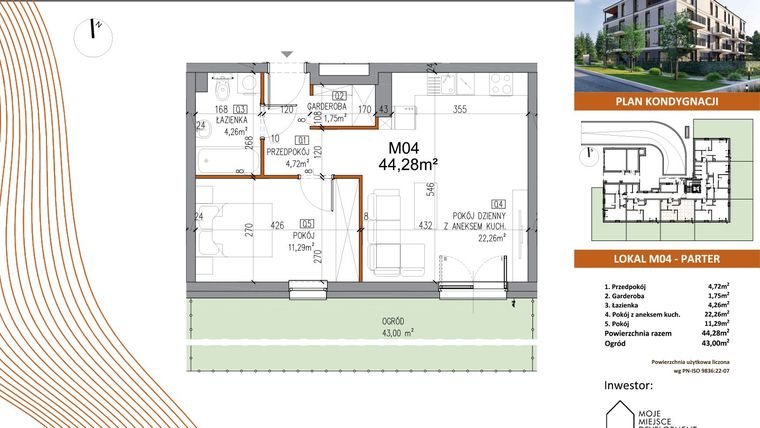 Rzut - Mieszkanie na sprzedaż 2 pokoje o powierzchni 44,28 m² - numer M04 w Villa Terra