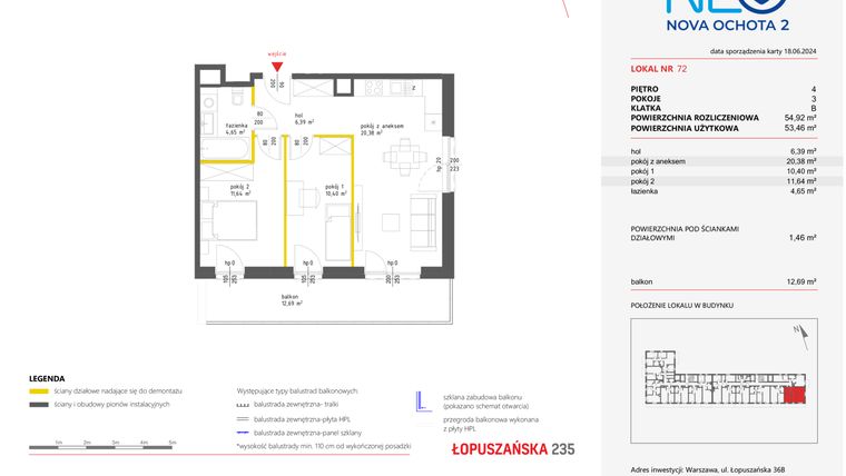 Rzut - Mieszkanie na sprzedaż 3 pokoje o powierzchni 54,92 m² - numer 72 w Neo Nova Ochota 2