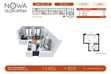 Rzut - Mieszkanie na sprzedaż 1 pokój o powierzchni 28,76 m² - numer B2.3.27 w Nowa Guzikarnia