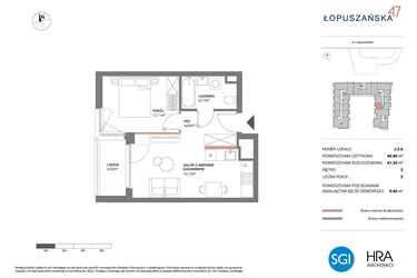 Rzut - Mieszkanie na sprzedaż 2 pokoje o powierzchni 41,34 m² - numer J.3.6 w Łopuszańska 47 - etap 3
