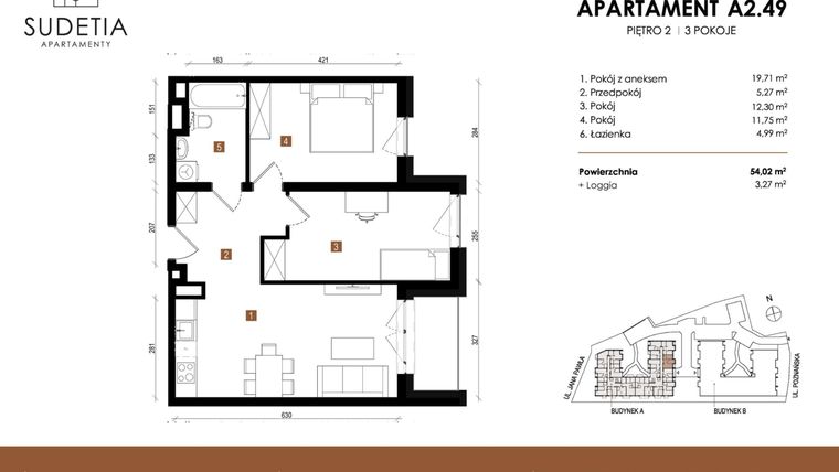 Rzut - Mieszkanie na sprzedaż 3 pokoje o powierzchni 54,02 m² - numer A 2.49 w Apartamenty Sudetia