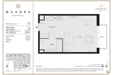 Rzut - Mieszkanie na sprzedaż 1 pokój o powierzchni 31,44 m² - numer 72 w QUADRA