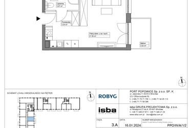 Rzut - Mieszkanie na sprzedaż 1 pokój o powierzchni 28,6 m² - numer PPO/W/A/1/2 w Port Popowice bud. W