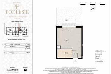 Rzut - Mieszkanie na sprzedaż 1 pokój o powierzchni 28,58 m² - numer 2B.14 w Podlesie