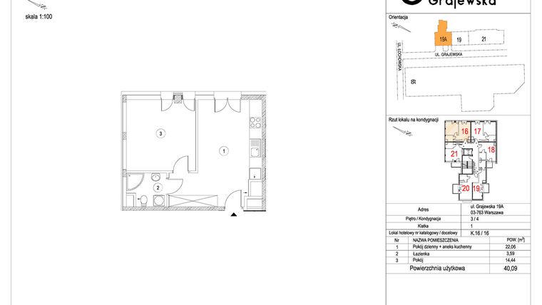 Rzut - Mieszkanie na sprzedaż 2 pokoje o powierzchni 40,13 m² - numer M-16 w Apartamenty Grajewska