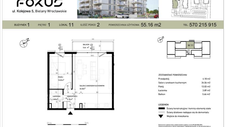Rzut - Mieszkanie na sprzedaż 2 pokoje o powierzchni 55,16 m² - numer I.11 w Fokus Bielany
