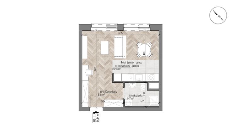 Rzut - Mieszkanie na sprzedaż 1 pokój o powierzchni 34,84 m² - numer 31 w Apartamenty Czysta
