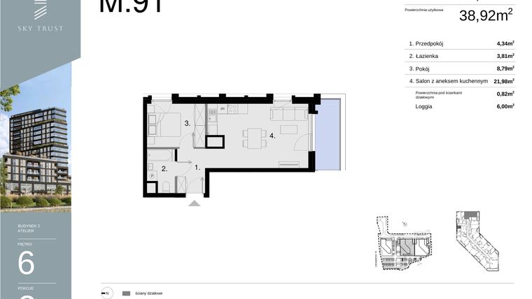 Rzut - Mieszkanie na sprzedaż 2 pokoje o powierzchni 39,74 m² - numer M91 w Sky Trust etap II