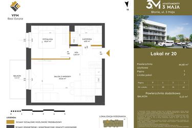 Rzut - Mieszkanie na sprzedaż 2 pokoje o powierzchni 44,68 m² - numer 20 w Apartamenty 3 Maja