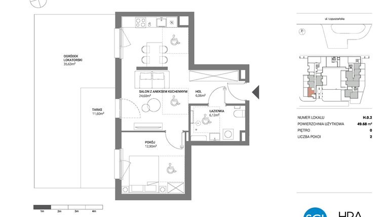 Rzut - Mieszkanie na sprzedaż 2 pokoje o powierzchni 49,68 m² - numer H.0.2 w Łopuszańska 47 - etap 3