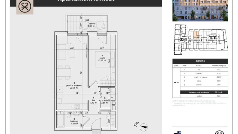 Rzut - Mieszkanie na sprzedaż 2 pokoje o powierzchni 50,21 m² - numer M 20 w Kościuszki 22