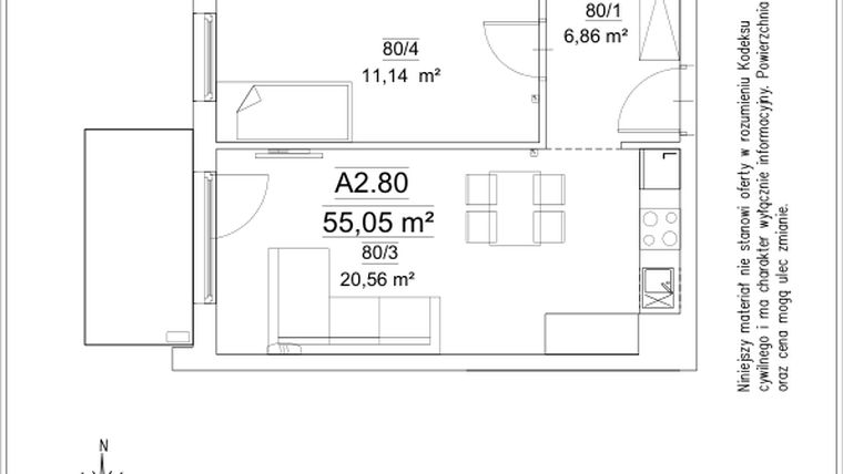 Rzut - Mieszkanie na sprzedaż 3 pokoje o powierzchni 55,05 m² - numer 5B/80 w FORTnatura etap II
