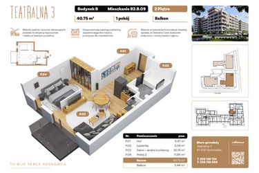Rzut - Mieszkanie na sprzedaż 1 pokój o powierzchni 40,75 m² - numer B2.B.09 w Teatralna 3