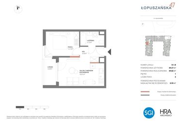 Rzut - Mieszkanie na sprzedaż 2 pokoje o powierzchni 39,82 m² - numer H.1.8 w Łopuszańska 47 - etap 3