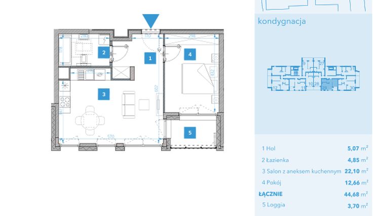 Rzut - Mieszkanie na sprzedaż 2 pokoje o powierzchni 44,68 m² - numer 29 w Apartamenty Macadamia