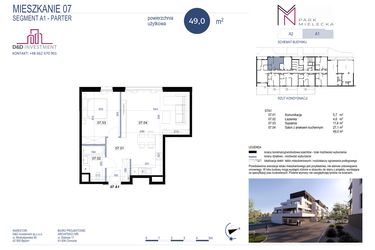 Rzut - Mieszkanie na sprzedaż 2 pokoje o powierzchni 49 m² - numer A1-7 w Park Mielecka