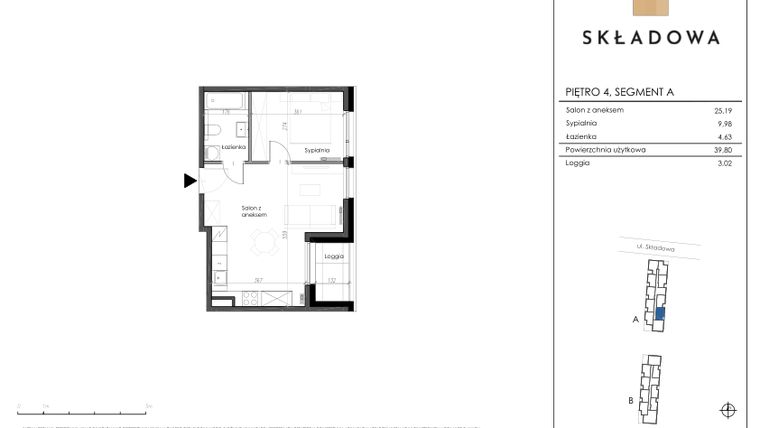 Rzut - Mieszkanie na sprzedaż 2 pokoje o powierzchni 39,8 m² - numer A32 w Apartamenty Składowa