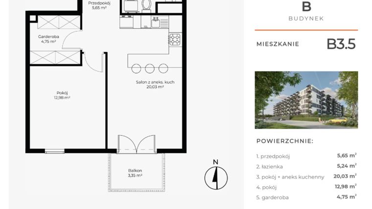 Rzut - Mieszkanie na sprzedaż 2 pokoje o powierzchni 48,65 m² - numer B3.5 w Enklawa Bukowa II