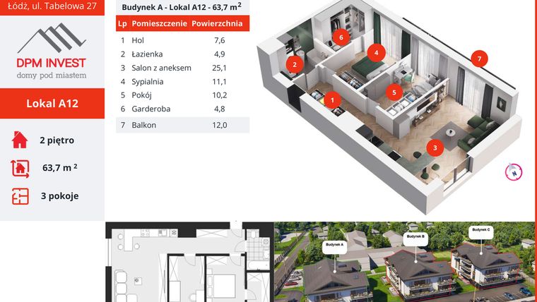 Rzut - Mieszkanie na sprzedaż 3 pokoje o powierzchni 63,7 m² - numer A12 w Apartamenty Tabelowa