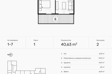 Rzut - Mieszkanie na sprzedaż 2 pokoje o powierzchni 40,63 m² - numer 1-7 w Pączka 1