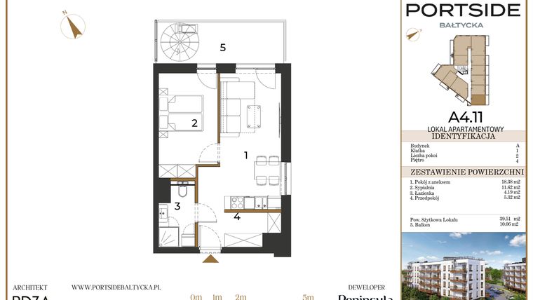 Rzut - Mieszkanie na sprzedaż 2 pokoje o powierzchni 39,51 m² - numer A4.11 w Portside Bałtycka