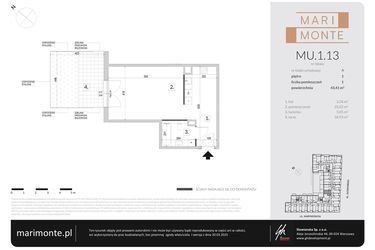 Rzut - Mieszkanie na sprzedaż 1 pokój o powierzchni 43,41 m² - numer MU.1.13 w Marimonte - apartamenty inwestycyjne
