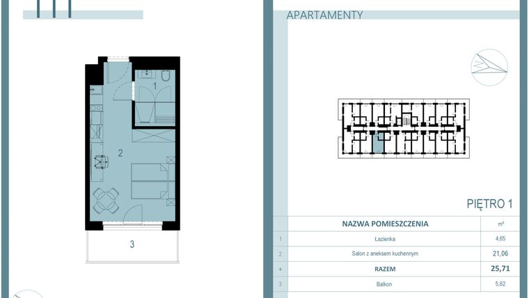 Rzut - Mieszkanie na sprzedaż 1 pokój o powierzchni 25,71 m² - numer 111 w Linea Mare Mrzeżyno