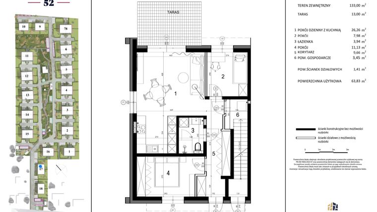 Rzut - Dom na sprzedaż 3 pokoje o powierzchni 63,83 m² - numer 17C w Rataja 52 - etap III