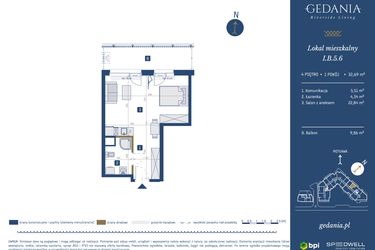 Rzut - Mieszkanie na sprzedaż 1 pokój o powierzchni 32,69 m² - numer I.B.5.6 w GEDANIA Riverside Living