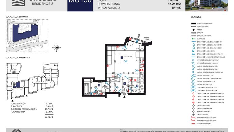 Rzut - Mieszkanie na sprzedaż 1 pokój o powierzchni 44,24 m² - numer MU156 w Chodźki Residence 2 - apartamenty inwestycyjne