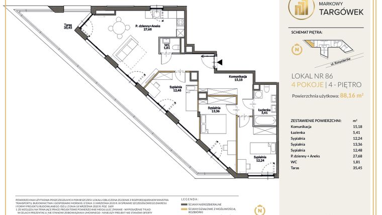 Rzut - Mieszkanie na sprzedaż 4 pokoje o powierzchni 88,48 m² - numer 86 w Markowy Targówek