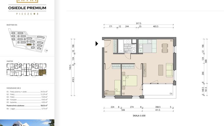 Rzut - Mieszkanie na sprzedaż 3 pokoje o powierzchni 58,53 m² - numer B1.2 w Osiedle Premium etap IV