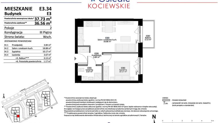 Rzut - Mieszkanie na sprzedaż 2 pokoje o powierzchni 36,56 m² - numer E3.34 w Osiedle Kociewskie bud. E