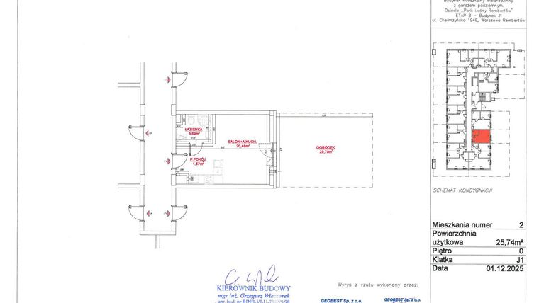 Rzut - Mieszkanie na sprzedaż 1 pokój o powierzchni 25,74 m² - numer J1-2 w Park Leśny Rembertów etap VIII